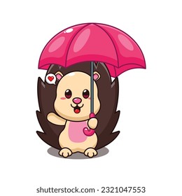 hedgehog holding umbrella cartoon vector illustration.