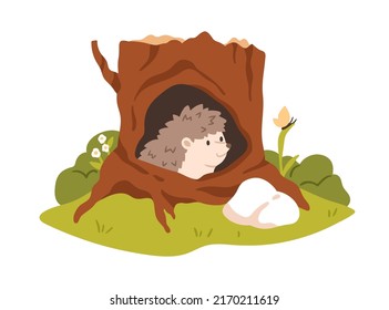 Hedgehog in hollow shelter in tree trunk. Forest animal peeking out of hole house in woods. Cute childish character inside cozy cave home. Flat vector illustration isolated on white background