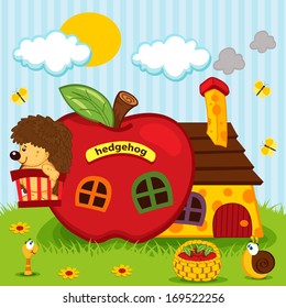 hedgehog in house of apples -  vector illustration 