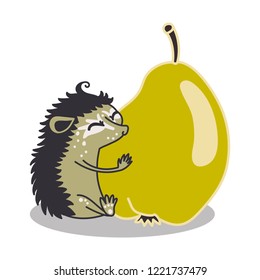 Hedgehog hugging a pear on transparent background, vector design. Great for printing on paper, textile or other design projects.