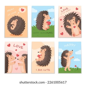 Hedgehog hugs. Cute printable greeting cards. Funny heart. Valentine love. Little apple. Happy characters. Dreaming animal. Romantic holiday banners set. Vector cartoon utter illustration