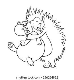 hedgehog hugs hamster coloring, vector illustration on a white background