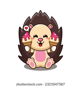 hedgehog with ice cream cartoon vector illustration.