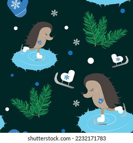 Hedgehog Iceskating on Lake, Christmas Tree Branches, Ice Skates - Vector Seamless Pattern 