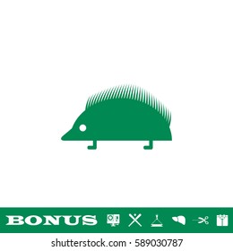 Hedgehog icon flat. Green pictogram on white background. Vector illustration symbol and bonus button