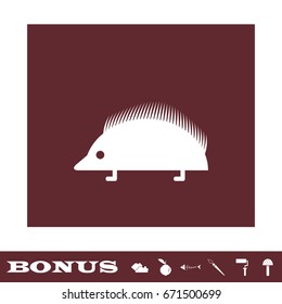 Hedgehog icon flat. White pictogram on brown background. Vector illustration symbol and bonus icons