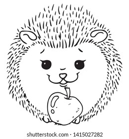 Hedgehog icon. Vector illustration of a cute cartoon hedgehog with an apple. Hand drawn smiling hedgehog.