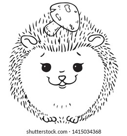 Hedgehog icon. Vector illustration of a cute cartoon hedgehog with a mushroom. Hand drawn smiling hedgehog.