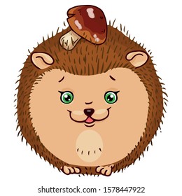 Hedgehog icon. Vector illustration of a cute cartoon hedgehog with a mushroom. Hand drawn smiling hedgehog.
