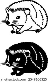 Iconos de erizo. Ilustración vectorial en blanco y negro. Mamífero del bosque. Lindo erizo con agujas. Para el diseño de libros para colorear. Concepto animal