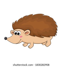 Hedgehog illustration isolated on white. Cartoon happy mammal graphic for kids. Autumnal funny young pet with sharp spikes. Smiling vector mascot drawing for children. Autumn Eps 10 design.