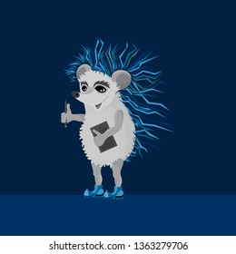 Hedgehog in the image of the artist with a graphics tablet and a stylus, in blue shoes.