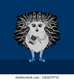 Hedgehog in the image of the artist with a graphics tablet and a stylus, in blue shoes.