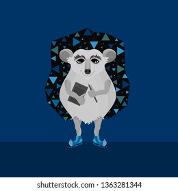 Hedgehog in the image of the artist with a graphics tablet and a stylus in blue shoes.