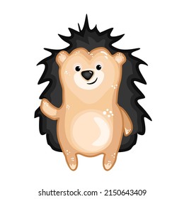 Hedgehog isolated on white background. Cute little hedgehog icon. Adorable urchin cartoon character. Lovely urchin with black spines smiling and waving hand. Forest animal symbol. Vector illustration