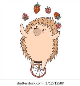 Hedgehog juggles berries isolate on a white background. Vector graphics.