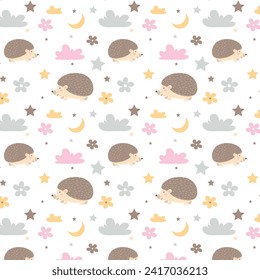 Los niños de peluche adorable patrón sin costuras con nubes, luna, estrellas y flores