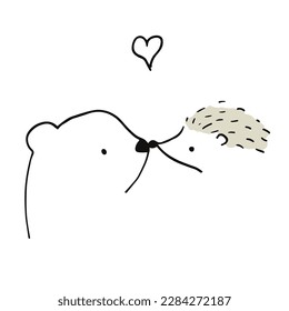 Hedgehog kisses a teddy bear. Outlined love illustration.