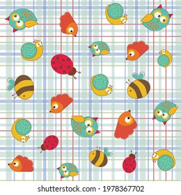 hedgehog, ladybug, snail, bee and owl children's drawings on a striped background