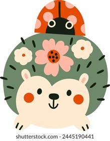 Hedgehog With Ladybug Vector Illustration