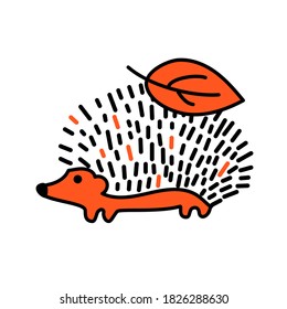 Hedgehog with a leaf on the back. Doodle style, Scandinavian. The vector is isolated on a white background.