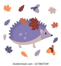 Hedgehog with leaves. Flat style. Vector illustration