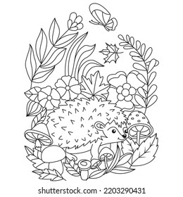 Hedgehog in the leaves flowers mushroom butterfly Autumn Fall season coloring illustration pages