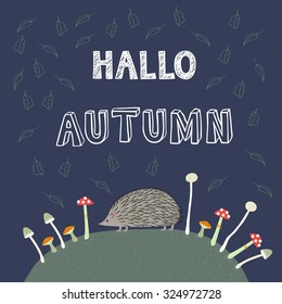 hedgehog, leaves, mushrooms, autumn  card