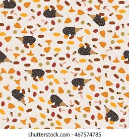 Hedgehog with leaves and mushrooms. Autumn  - seamless pattern. 