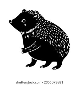 Hedgehog, linocut style vector illustration, isolated on white background