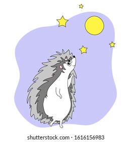 hedgehog looking at the moon vector animal on white childish funny cartoon pattern