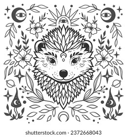 Hedgehog mandala. Animal Vector illustration. Adult or kids coloring book page in Zen boho style. Antistress Peaceful drawing. Black and white