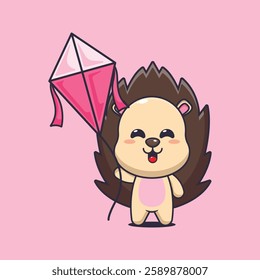 hedgehog mascot cartoon character vector illustration playing kite.
Design element for poster, brochure, web, mascot, sticker, logo and icon.