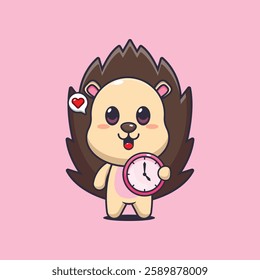 hedgehog mascot cartoon character vector illustration with clock. 
Design element for poster, brochure, web, mascot, sticker, logo and icon.