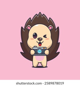 hedgehog mascot cartoon character vector illustration with camera.
Design element for poster, brochure, web, mascot, sticker, logo and icon.