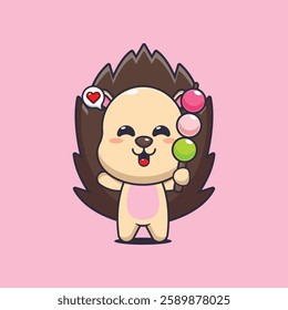 hedgehog mascot cartoon character vector illustration eating dango. 
design element for poster, brochure, web, mascot, sticker, logo and icon.