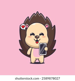 hedgehog mascot cartoon character vector illustration with mobile phone.
Design element for poster, brochure, web, mascot, sticker, logo and icon.