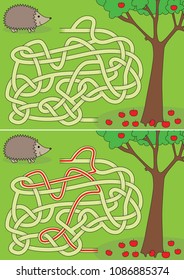 Hedgehog maze for kids with a solution