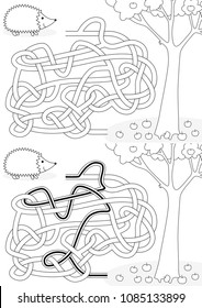Hedgehog maze for kids with a solution in black and white