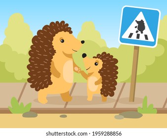 Hedgehog mom or dad going to pedestrian crossing with child. Flat vector illustration. Cartoon hedgehog parent leading kid across street, teaching rules of road. Wild animal, road safety concept