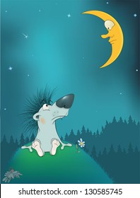 Hedgehog and the moon. Cartoon