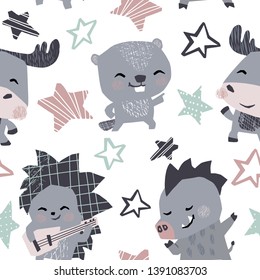Hedgehog, moose, boar, beaver baby dance and play gitar seamless pattern. Animals listen to music. Disco retro party cool animal illustration for nursery t-shirt, kids apparel, print, birthday decor