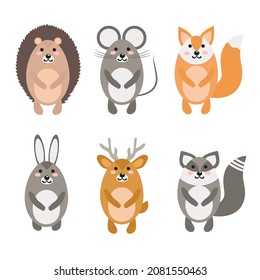  hedgehog, mouse, fox, hare, deer, raccoon. set of cartoon forest animals. childrens vector illustration in flat style