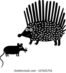 Hedgehog and mouse. Hand drawn illustration. 