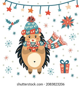 Hedgehog with a mug of cocoa with marshmallows and in a warm hat and scarf. Christmas character. Happy New Year. Cute vector illustration.
