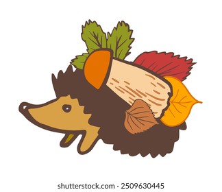 hedgehog with a mushroom and autumn fallen leaves on its back.  illustration with autumn mood for children's books, card, invitation, poster, banner