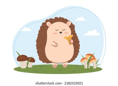 Hedgehog with mushroom. Cute and adorable character for childrens. Poster or banner for website. Forest dweller on field. Animals, flora, mammal and wildlife. Cartoon flat vector illustration