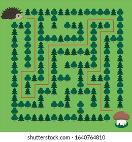 Hedgehog and Mushroom Maze. Educational game for children. Help the hedgehog find the mushroom - Maze puzzle with solution
