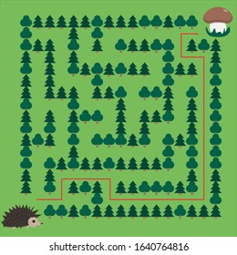 Hedgehog and Mushroom Maze. Educational game for children. Help the hedgehog find the mushroom - Maze puzzle with solution