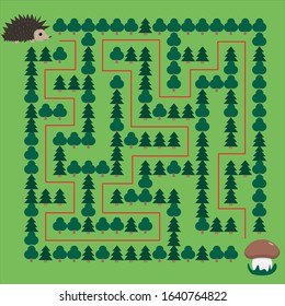 Hedgehog and Mushroom Maze. Educational game for children. Help the hedgehog find the mushroom - Maze puzzle with solution